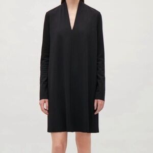 COS Black V-Neck Long Sleeve Stretch Knit A Line Dress